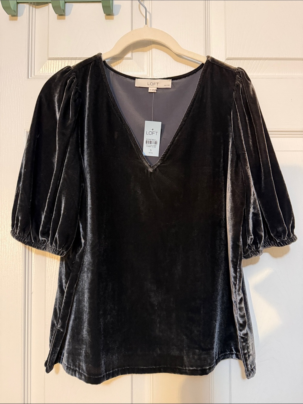 LOFT Olive Green Velvet V-Neck Puff-Sleeve Blouse NWT